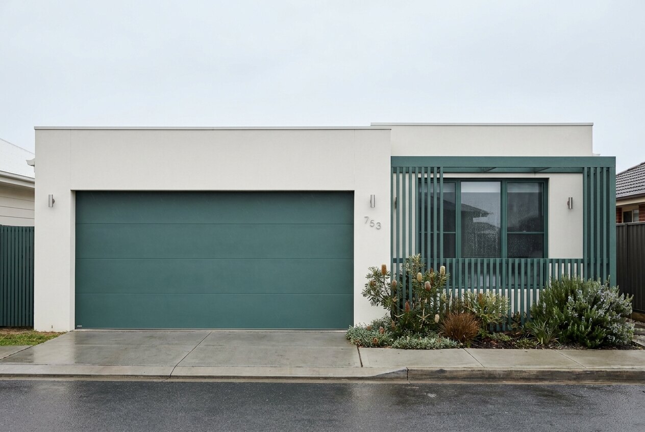 An architect-renovated Merewether home where a flush sectional door in deep sea-green is the widest element of the facade