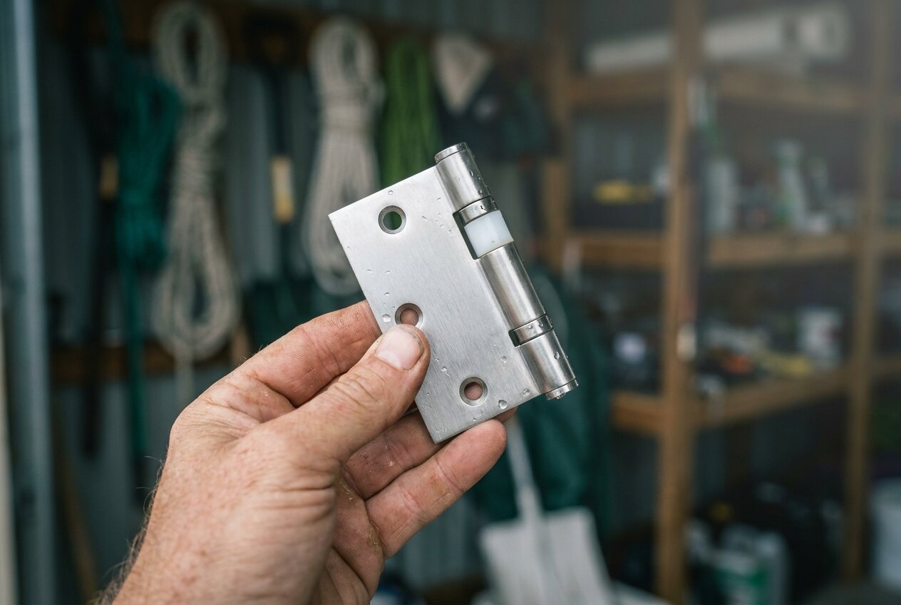 A hand holding a new marine-grade stainless steel garage door hinge with a nylon roller